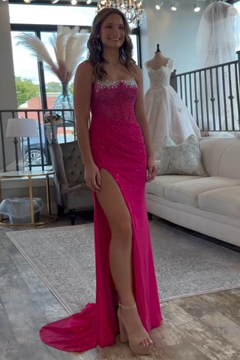 Dark Green Mermaid Spaghetti Straps Corset Long Prom Dress with Slit