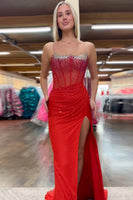 Load image into Gallery viewer, Sparkly Orange Beaded Spaghetti Straps Sweetheart Sweep Train Prom Dress with Slit