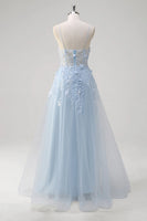 Load image into Gallery viewer, Floral Blue A Line Corset Spaghetti Straps Long Prom Dress