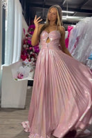 Load image into Gallery viewer, Metallic Blush A Line Pleated Spaghetti Straps Long Prom Dress
