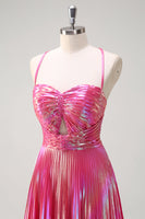 Load image into Gallery viewer, Metallic Blush A Line Pleated Spaghetti Straps Long Prom Dress