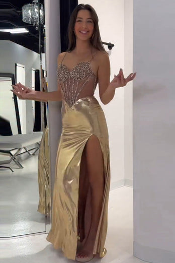 Sparkly Golden Metallic Mermaid Corset Long Prom Dress with Slit