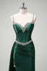 Load image into Gallery viewer, Sparkly Dark Green Sequined Corset Long Satin Prom Dress