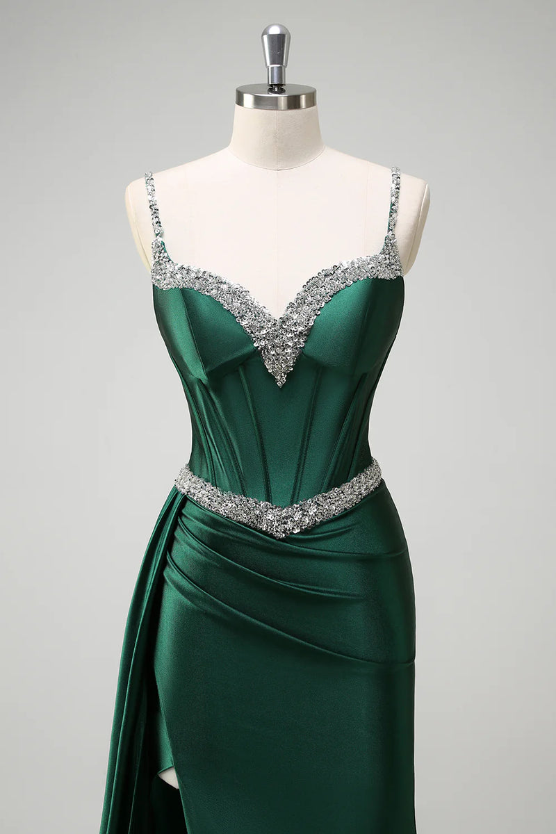 Load image into Gallery viewer, Sparkly Dark Green Sequined Corset Long Satin Prom Dress
