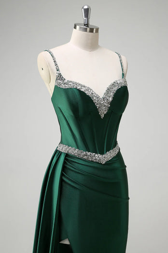 Sparkly Dark Green Sequined Corset Long Satin Prom Dress