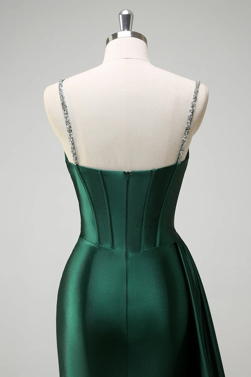 Load image into Gallery viewer, Sparkly Dark Green Sequined Corset Long Satin Prom Dress