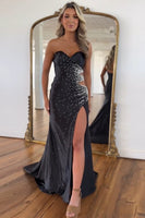 Load image into Gallery viewer, Sparkly Black Cutout Beaded Long Prom Dress with Slit