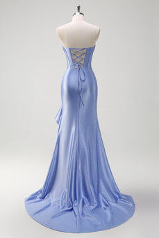 Sparkly Grey Blue Corset Long Satin Prom Dress with Ruffles Slit