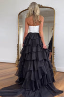 Load image into Gallery viewer, A Line Black Strapless Tiered Prom Dress with Bow