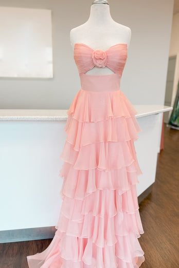 A Line Black Strapless Tiered Prom Dress with Bow