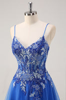 Load image into Gallery viewer, Floral Royal Blue Corset Prom Dress with Appliques