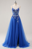 Load image into Gallery viewer, Floral Royal Blue Corset Prom Dress with Appliques
