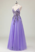 Load image into Gallery viewer, Sparkly Purple Corset Spaghetti Straps Prom Dress with Appliques