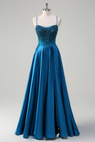 Load image into Gallery viewer, Sparkly Blue Corset Spaghetti Straps Prom Dress with Appliques