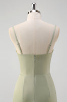 Load image into Gallery viewer, Sage Mermaid Spaghetti Straps Satin Bridesmaid Dress with Slit