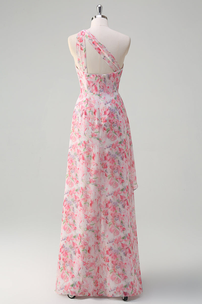 Load image into Gallery viewer, Floral Pink One Shoulder Embroidered Prom Dress with Ruffles