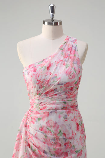 Floral Pink One Shoulder Embroidered Prom Dress with Ruffles
