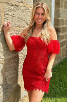 Load image into Gallery viewer, Red Bateau Neck Bodycon Corset Homecoming Dress with Detachable Sleeves