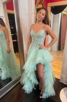 Load image into Gallery viewer, Sage A Line Spaghetti Straps asymmetrical Prom Dress With Beading