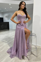 Load image into Gallery viewer, A Line Tero Spaghetti Straps Corset Long Prom Dress With Slit