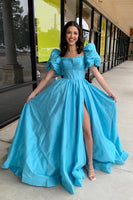 Load image into Gallery viewer, Blue A Line Square Prom Dress With Slit