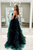 Load image into Gallery viewer, A Line Dark Green Spaghetti Straps Tiered Prom Dress