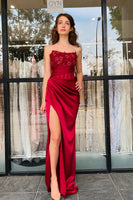 Load image into Gallery viewer, Burgundy Mermaid Strapless Slit Prom Dress With Beading