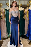 Load image into Gallery viewer, Sparkly Navy Beaded Long Prom Dress with Fringes