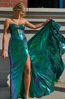 Load image into Gallery viewer, Chameleon Dark Green Corset Long Prom Dress with Slit