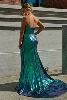 Chameleon Dark Green Corset Long Prom Dress with Slit