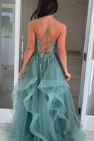 Load image into Gallery viewer, Sparkly Grey Green Corset A Line Long Prom Dress with Appliques
