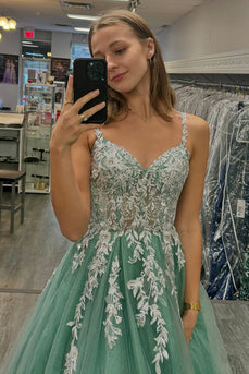 Sparkly Sage Appliqued A Line Long Prom Dress