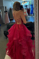 Load image into Gallery viewer, Sparkly Fuchsia A Line Corset Tiered Long Prom Dress