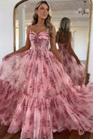Load image into Gallery viewer, Sparkly Pink A Line Spaghetti Straps Floral Prom Dress