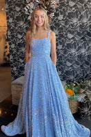 Load image into Gallery viewer, Sparkly Blue Spaghetti Straps A-Line Long Prom Dress