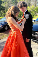 Load image into Gallery viewer, Sparkly Orange Corset A-Line Long Prom Dress with Appliques
