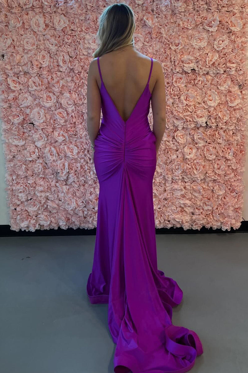 Load image into Gallery viewer, Purple Backless Spaghetti Straps Long Satin Prom Dress