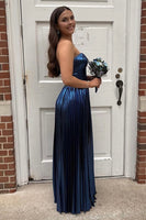 Load image into Gallery viewer, Metallic Navy A Line Corset Pleated Strapless Long Prom Dress with Slit