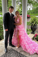 Load image into Gallery viewer, Floral Blue A-Line Tiered Tie Strap Long Prom Dress with Slit