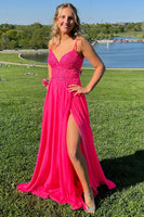 Load image into Gallery viewer, Fuchsia Floral A Line Corset Pleated Long Prom Dress with Slit
