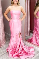 Load image into Gallery viewer, Pink Mermaid Strapless 3D Flowers Long Prom Dress with Slit