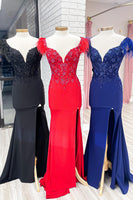 Load image into Gallery viewer, Sparkly Red Corset Folral Corset Long Prom Dress with Feathers