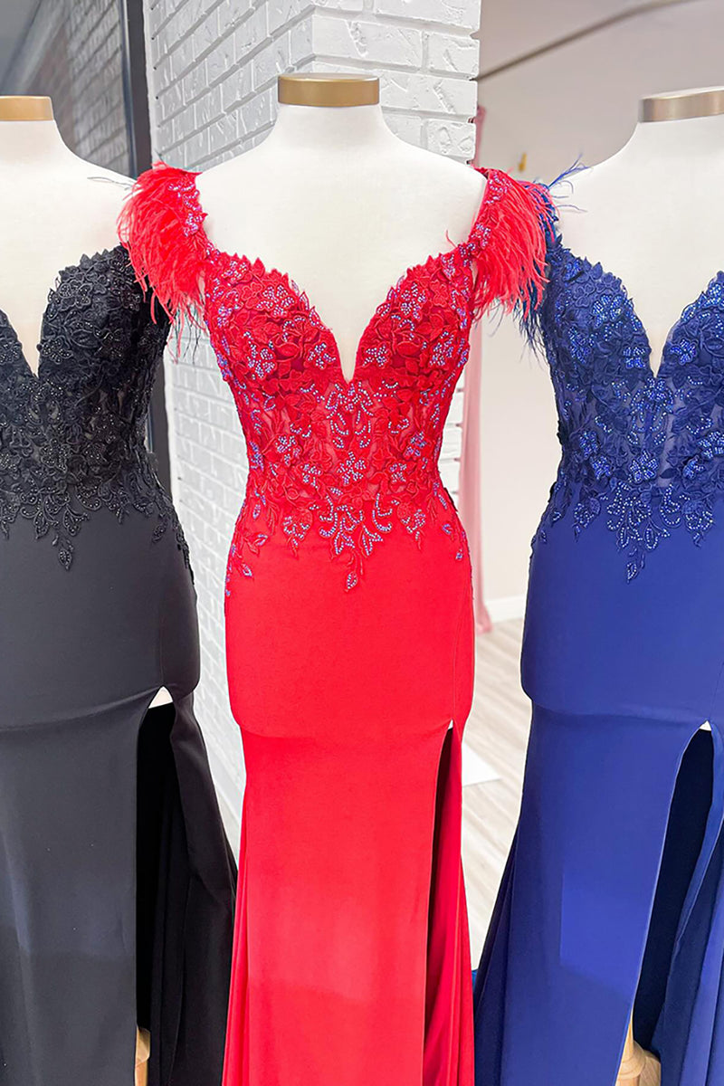 Load image into Gallery viewer, Sparkly Red Corset Folral Corset Long Prom Dress with Feathers