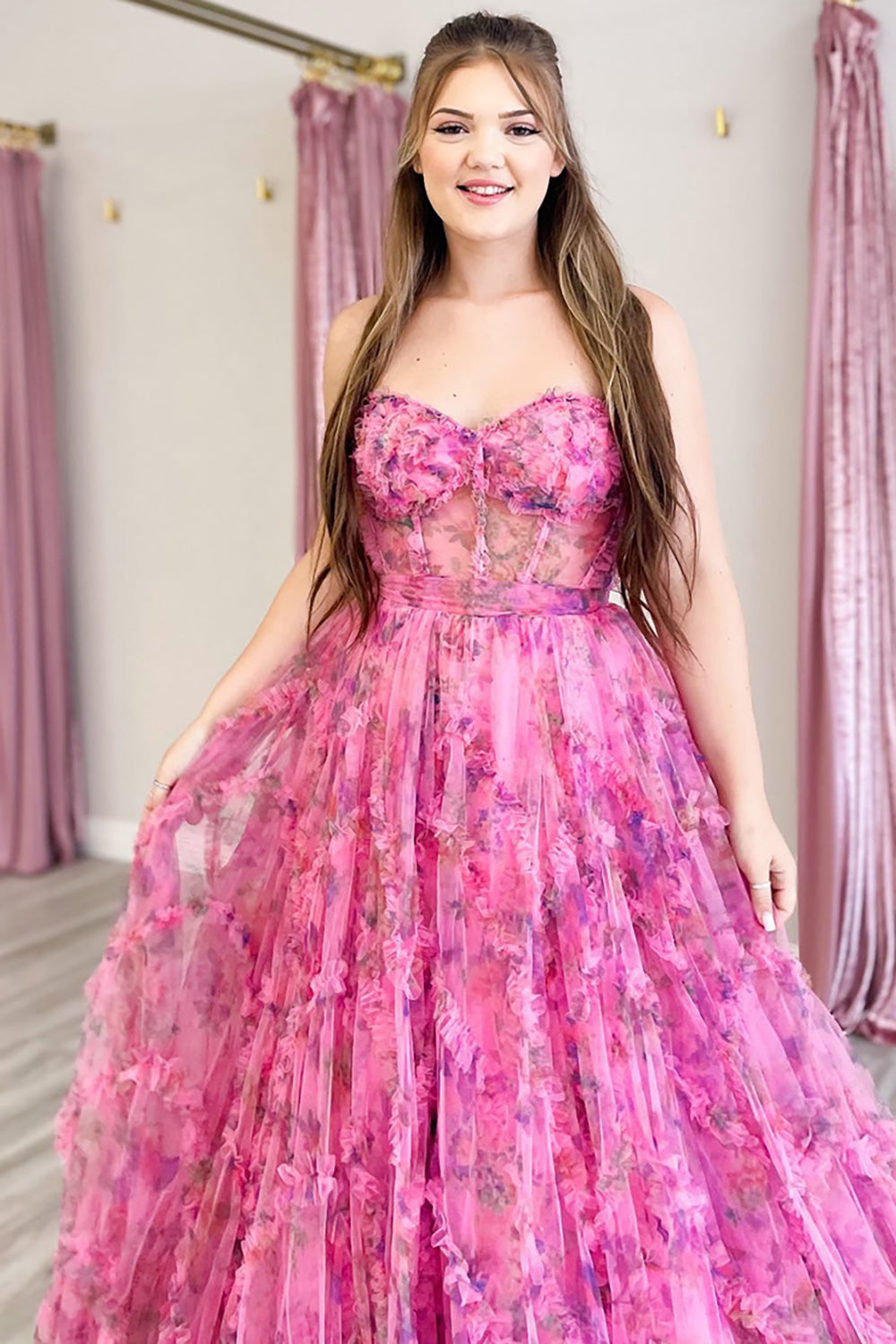 Pink Floral Sweetheart Corset A Line Long Prom Dress