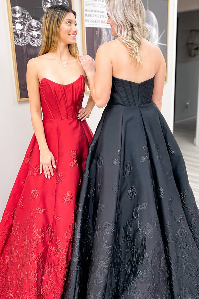 Load image into Gallery viewer, Floral Red A Line Corset Strapless Long Satin Prom Dress