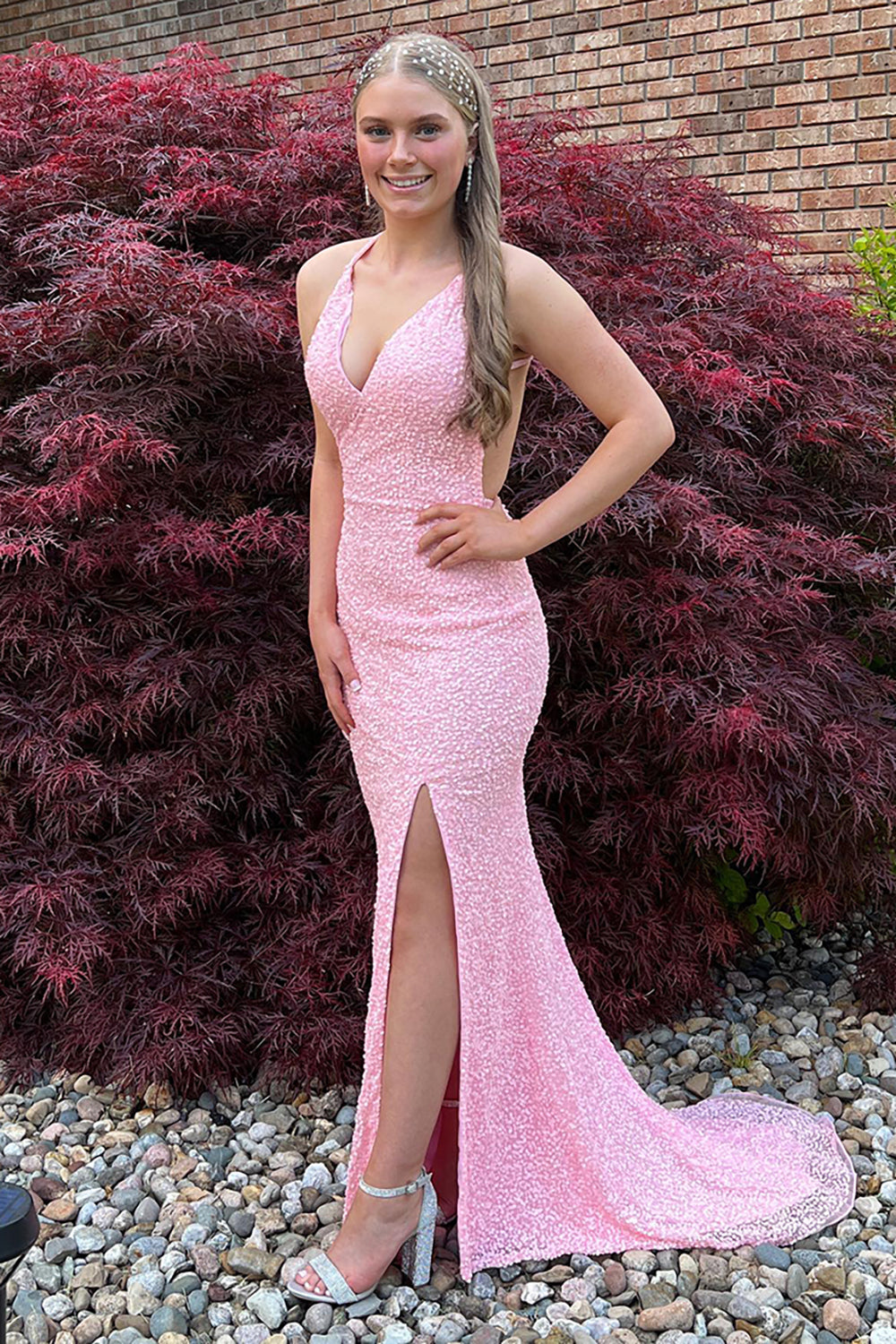 Pink Mermaid V-Neck Halter Long Prom Dress with Slit