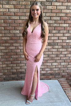 Pink Mermaid V-Neck Halter Long Prom Dress with Slit
