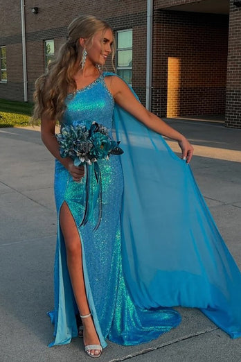 Sparkly Blue Sequin One Shoulder Long Prom Dress with Slit