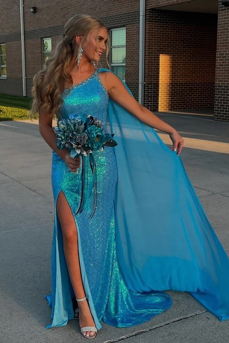 Load image into Gallery viewer, Sparkly Blue Sequin One Shoulder Long Prom Dress with Slit