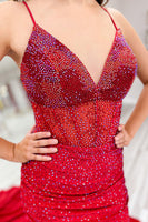 Load image into Gallery viewer, Sparkly Red Beaded Spaghetti Straps Long Corset Prom Dress